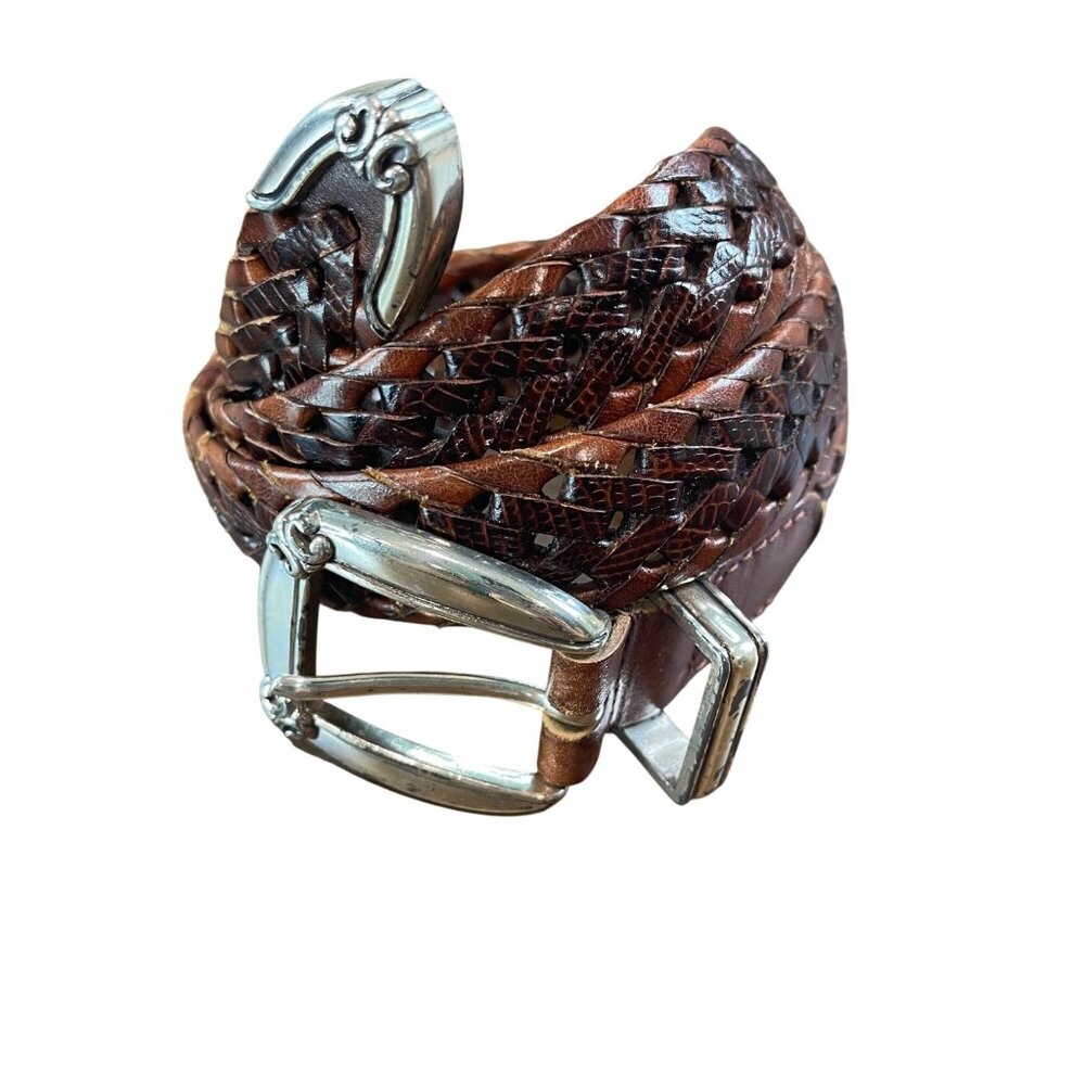 Vintage Fossil Leather Braided Belt Women's Size Medium Brown Silver Hardware